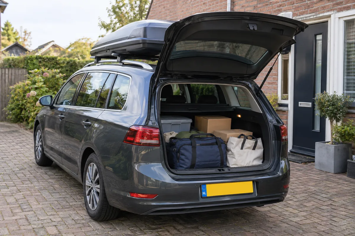 Een geparkeerde auto met spullen in de open kofferbak en een dakkoffer op het dak.