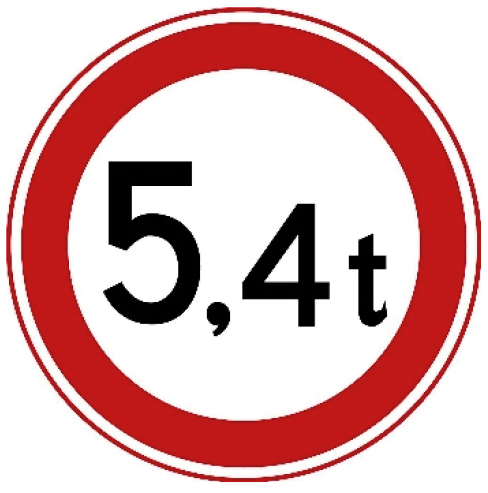 Verkeersbord: Gesloten voor voertuigen en samenstellen van voertuigen, waarvan de totaalmassa of de som van de aslasten hoger is dan op het bord is aangegeven