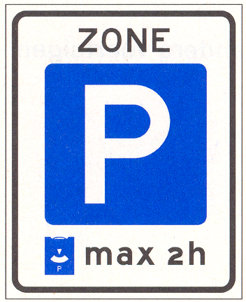 Verkeersbord: Parkeerschijf-zone met verplicht gebruik van parkeerschijf, tevens parkeerverbod indien er langer wordt geparkeerd dan de parkeerduur die op het bord is aangegeven