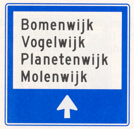 Verkeersbord: Wijkwegwijzer binnen de bebouwde kom, met wijknamen (in verkeersgebieden)